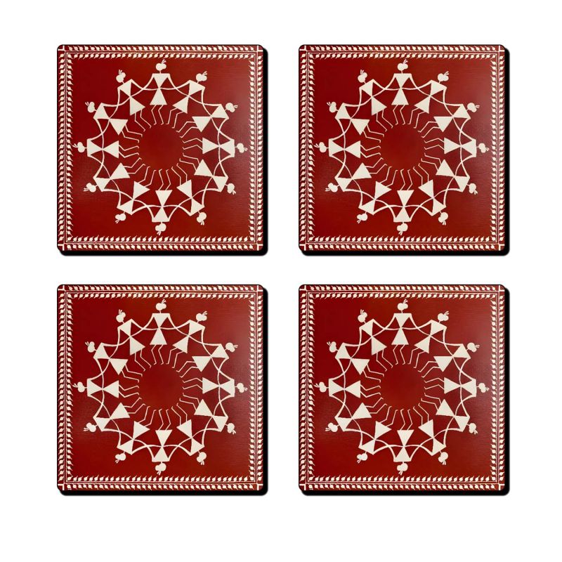 Warli Art Coaster for Table Decor | Coaster Set fit for Tea Cups and Coffee Mugs Also chai Lover Gifts | Traditional Coasters Set of 4